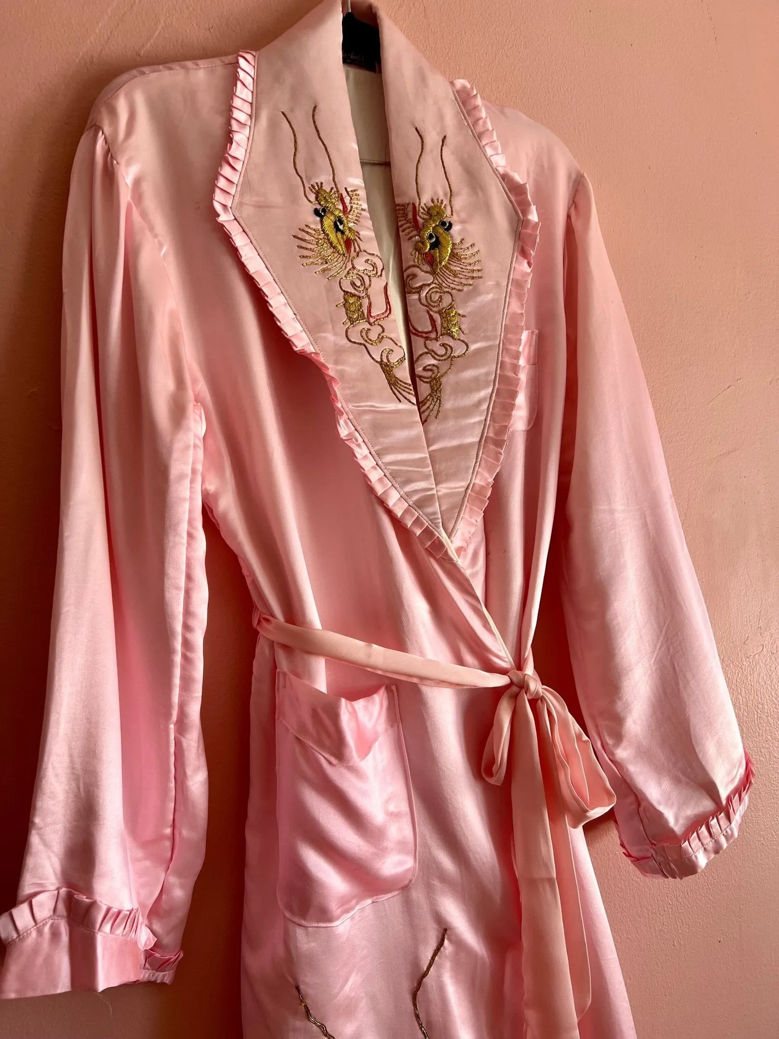 1940s era baby pink Silk Embroidered Robe