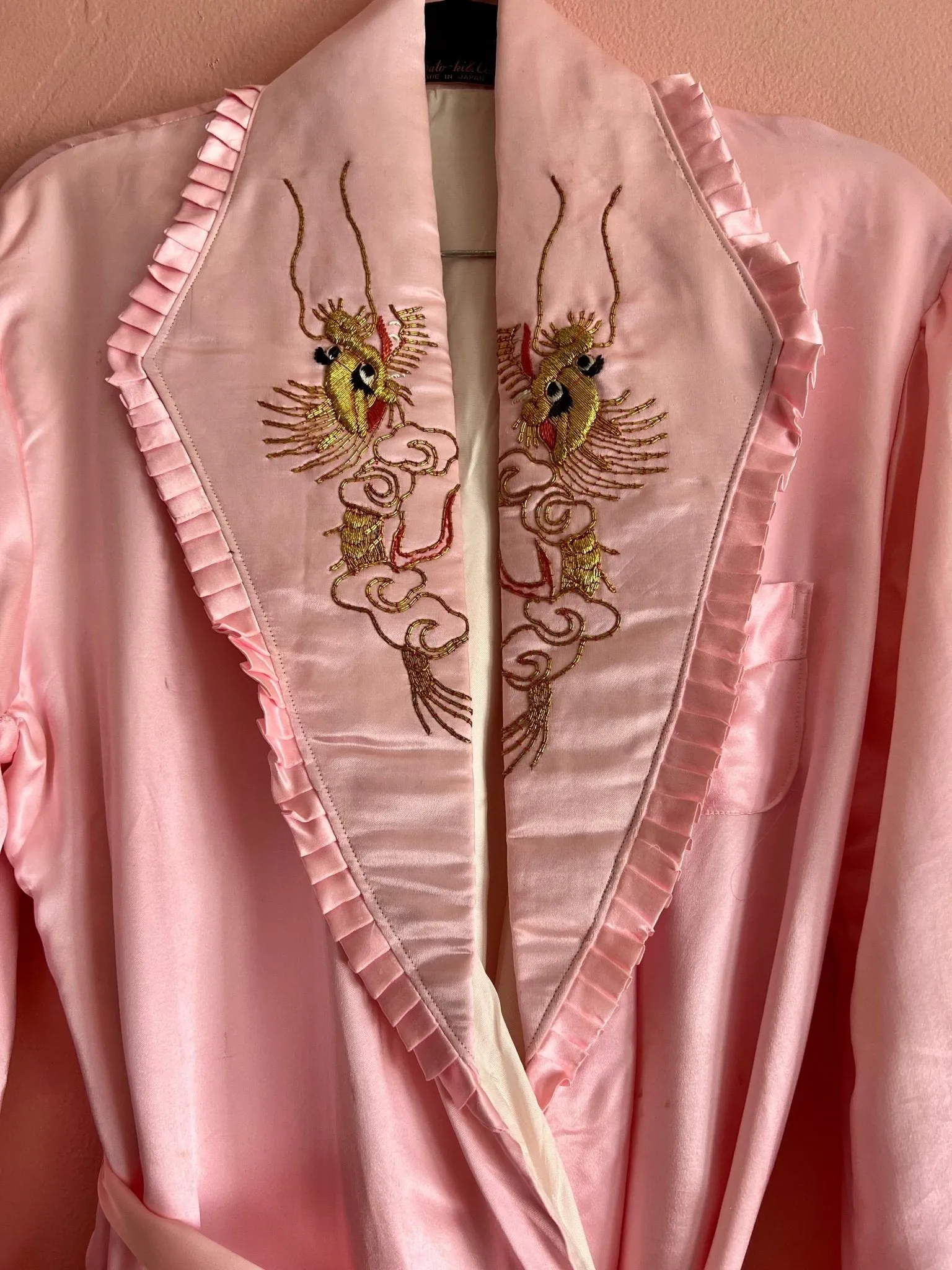 1940s era baby pink Silk Embroidered Robe