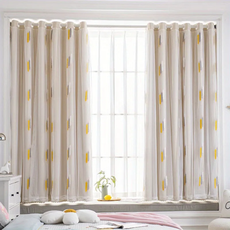1pc Exquisite Wheat Pattern Embroidered Double-Layer Curtain - Grey Window Treatment for Bedroom, Office, Kitchen, Living Room, Study - Home Decor with Elegant Design, Thermal Insulation, and Light Blocking Features