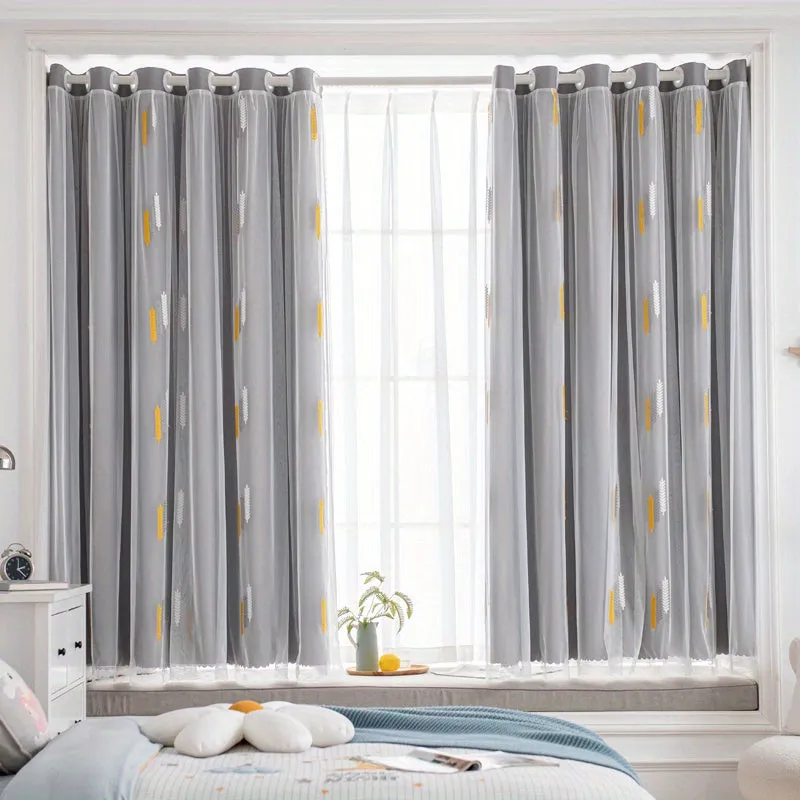 1pc Exquisite Wheat Pattern Embroidered Double-Layer Curtain - Grey Window Treatment for Bedroom, Office, Kitchen, Living Room, Study - Home Decor with Elegant Design, Thermal Insulation, and Light Blocking Features