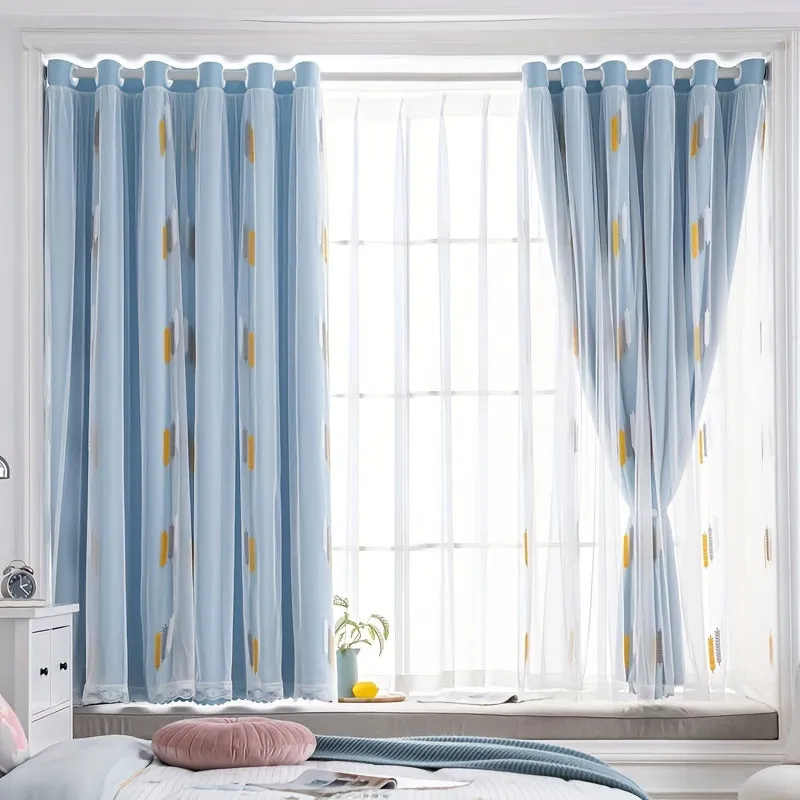 1pc Exquisite Wheat Pattern Embroidered Double-Layer Curtain - Grey Window Treatment for Bedroom, Office, Kitchen, Living Room, Study - Home Decor with Elegant Design, Thermal Insulation, and Light Blocking Features