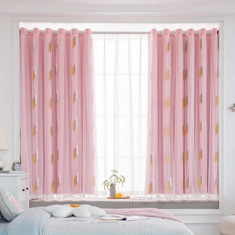 1pc Exquisite Wheat Pattern Embroidered Double-Layer Curtain - Grey Window Treatment for Bedroom, Office, Kitchen, Living Room, Study - Home Decor with Elegant Design, Thermal Insulation, and Light Blocking Features
