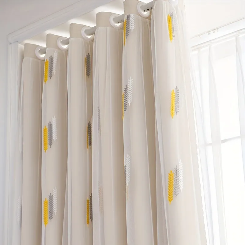 1pc Exquisite Wheat Pattern Embroidered Double-Layer Curtain - Grey Window Treatment for Bedroom, Office, Kitchen, Living Room, Study - Home Decor with Elegant Design, Thermal Insulation, and Light Blocking Features