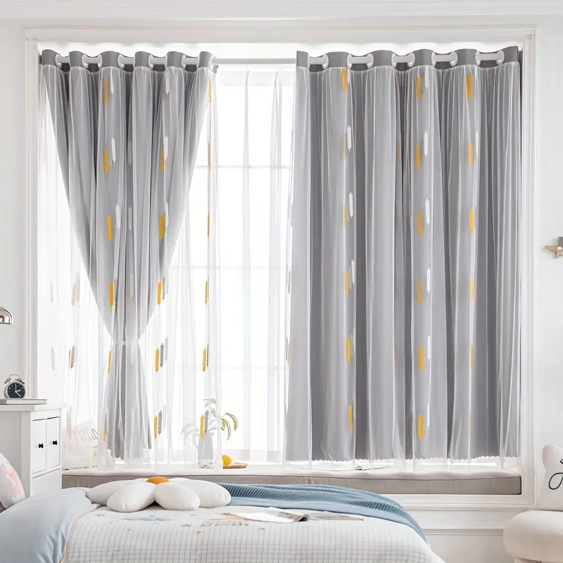 1pc Exquisite Wheat Pattern Embroidered Double-Layer Curtain - Grey Window Treatment for Bedroom, Office, Kitchen, Living Room, Study - Home Decor with Elegant Design, Thermal Insulation, and Light Blocking Features
