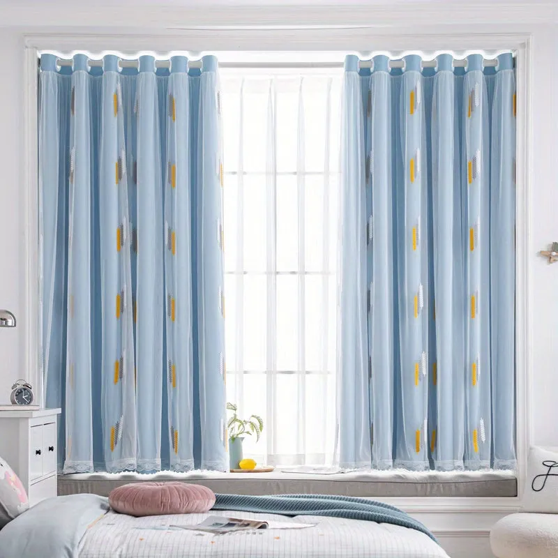 1pc Exquisite Wheat Pattern Embroidered Double-Layer Curtain - Grey Window Treatment for Bedroom, Office, Kitchen, Living Room, Study - Home Decor with Elegant Design, Thermal Insulation, and Light Blocking Features