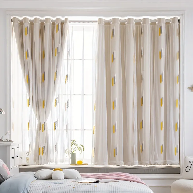 1pc Exquisite Wheat Pattern Embroidered Double-Layer Curtain - Grey Window Treatment for Bedroom, Office, Kitchen, Living Room, Study - Home Decor with Elegant Design, Thermal Insulation, and Light Blocking Features