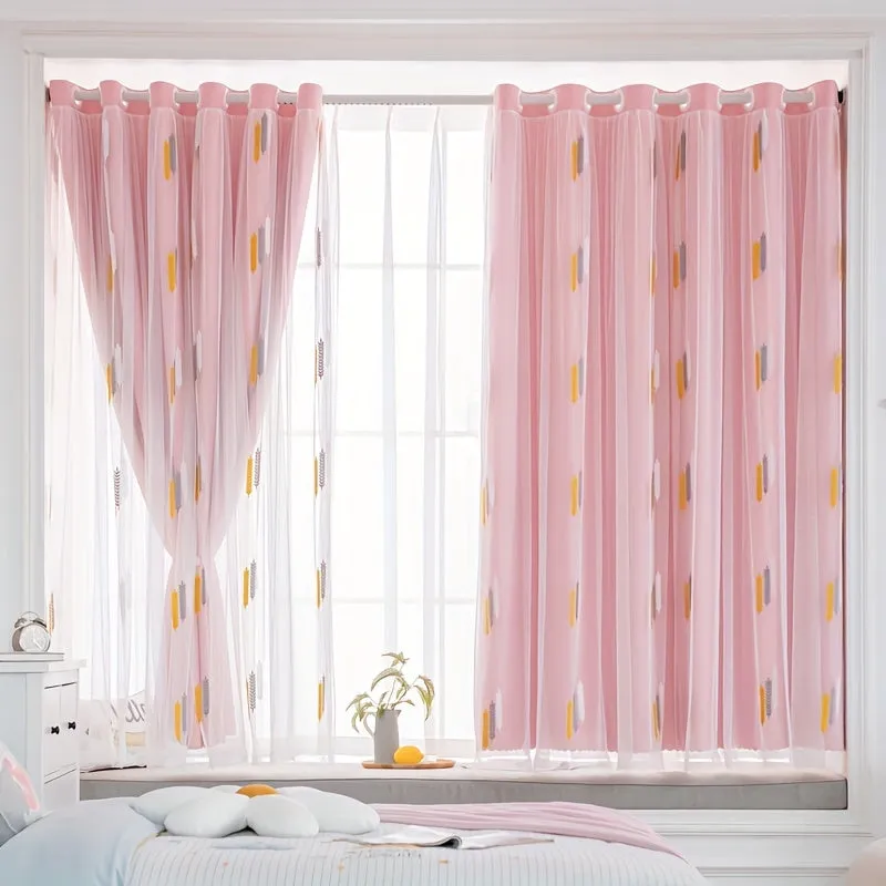 1pc Exquisite Wheat Pattern Embroidered Double-Layer Curtain - Grey Window Treatment for Bedroom, Office, Kitchen, Living Room, Study - Home Decor with Elegant Design, Thermal Insulation, and Light Blocking Features