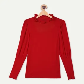 Bamboo Fabric Girl's Ruffle Neck Top - Maroon