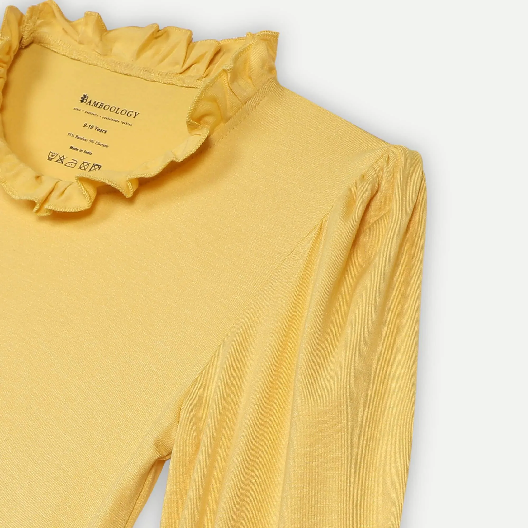 Bamboo Fabric Girl's Ruffle Neck Top - Yellow