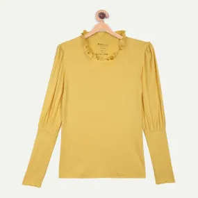 Bamboo Fabric Girl's Ruffle Neck Top - Yellow