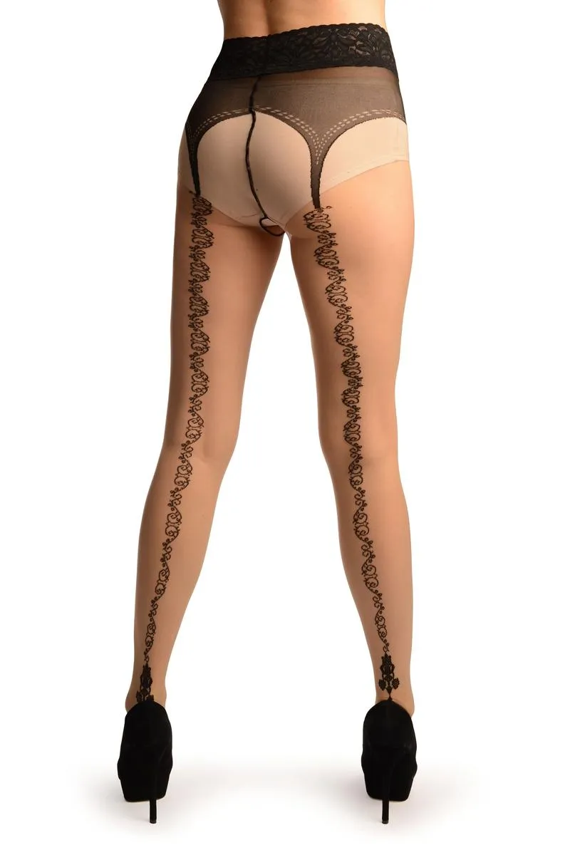 Beige Crotchless With Floral Seam &Silicon Lace Top Tights