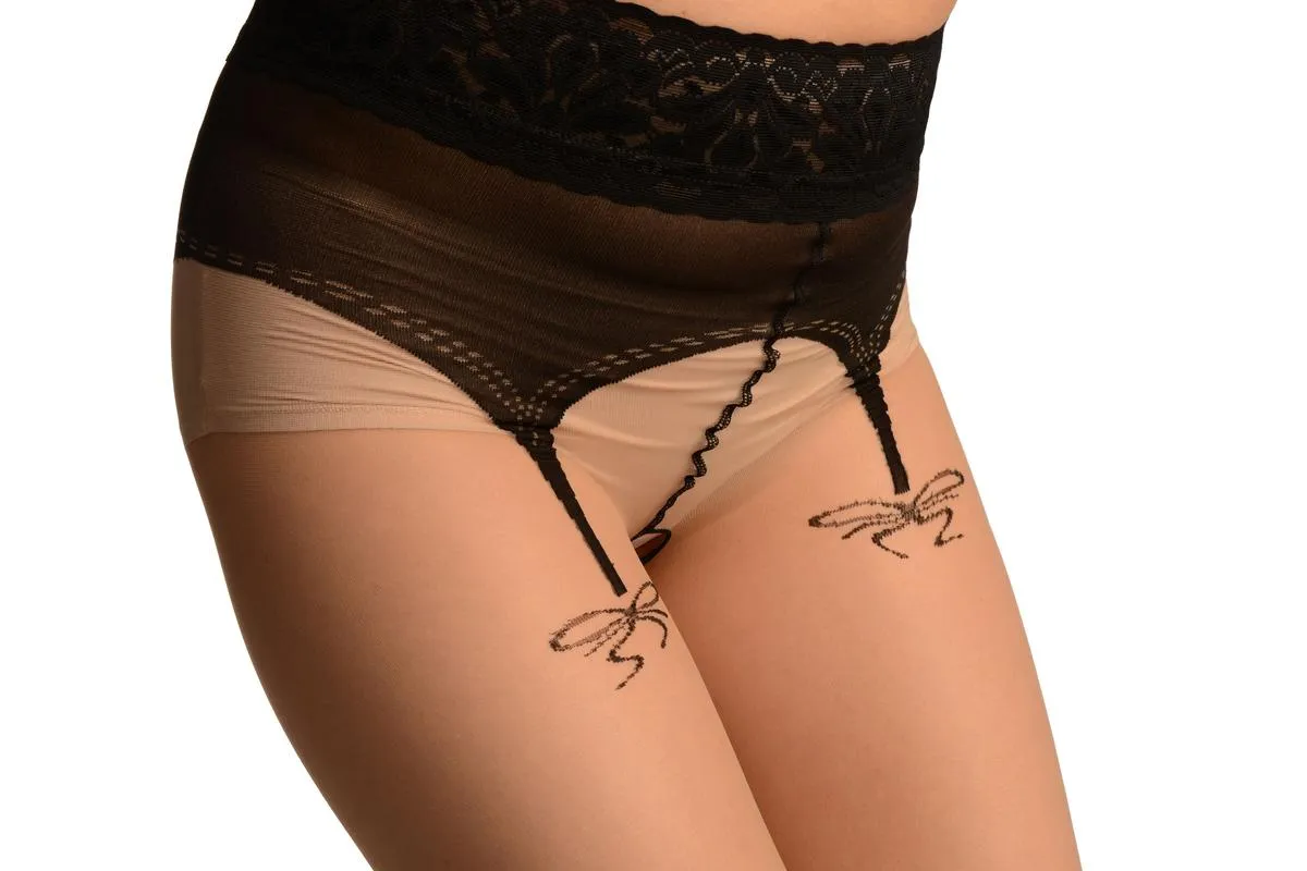 Beige Crotchless With Floral Seam &Silicon Lace Top Tights