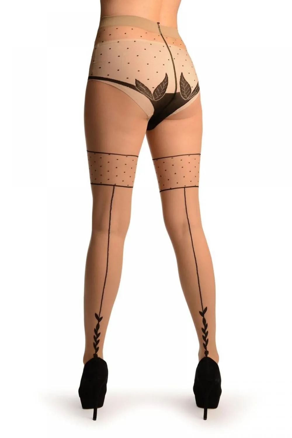 Beige With Black Seam, Polka Dot and Leaves Panty Tights