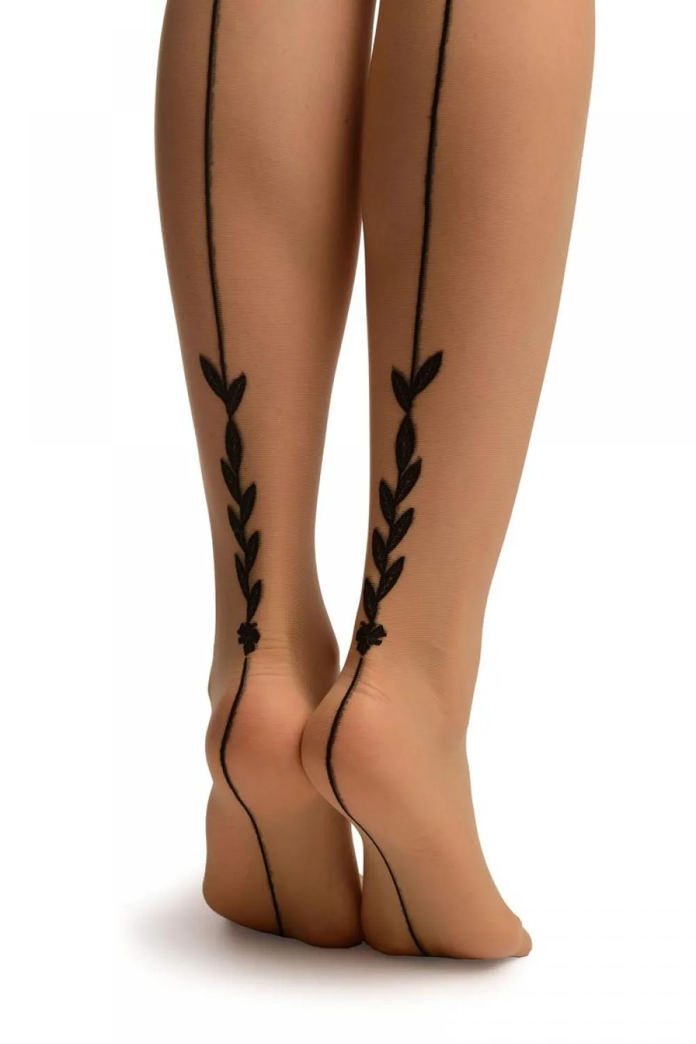Beige With Black Seam, Polka Dot and Leaves Panty Tights