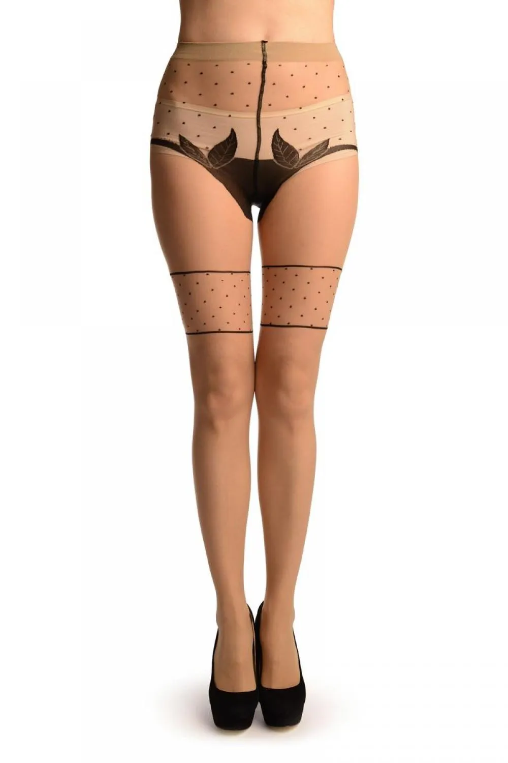 Beige With Black Seam, Polka Dot and Leaves Panty Tights