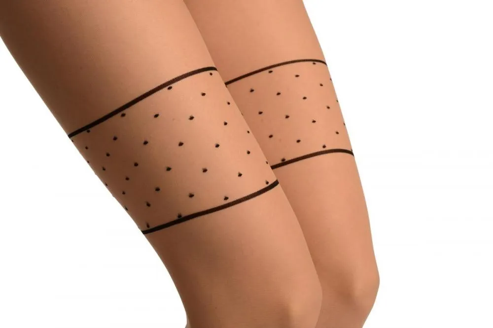 Beige With Black Seam, Polka Dot and Leaves Panty Tights