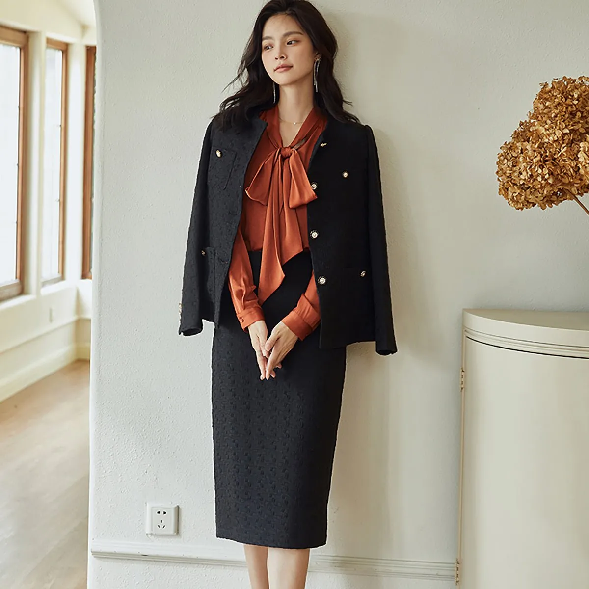 Black Buttoned Jacket with Embroidered Edges