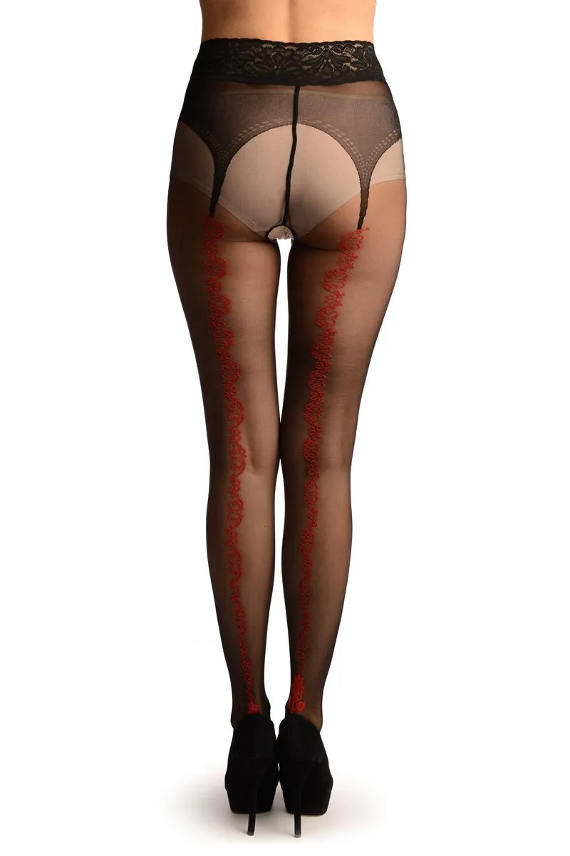 Black Crotchless With Floral Seam &Silicon Lace Top Tights