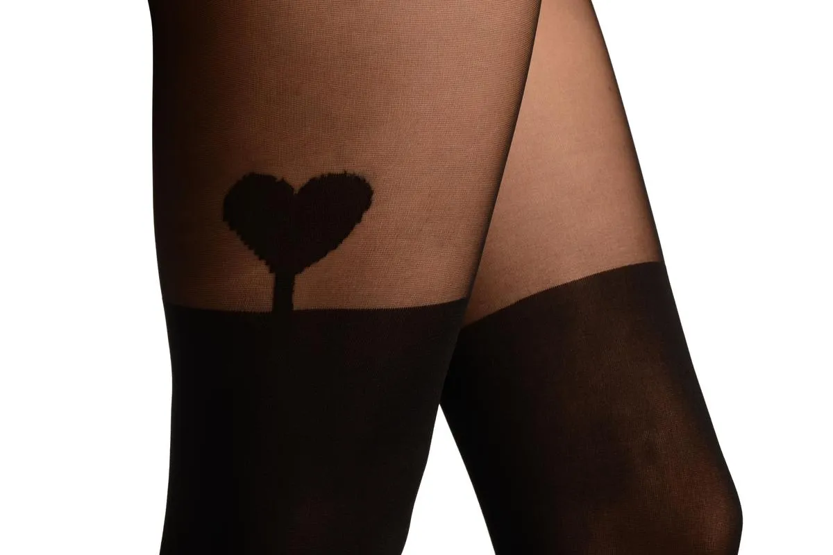 Black Opaque Faux Stockings With Heart And Sheer Top Tights