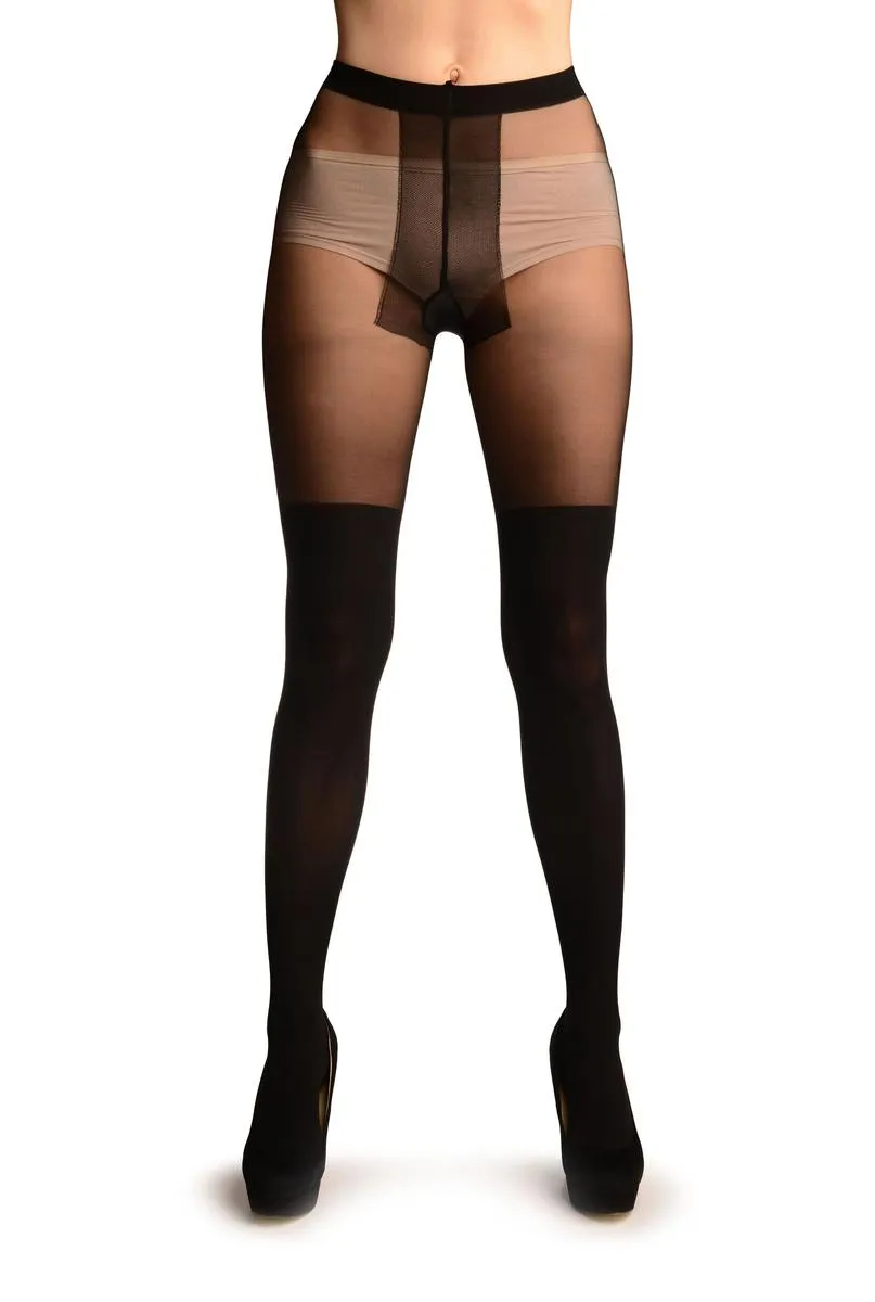 Black Opaque Faux Stockings With Heart And Sheer Top Tights