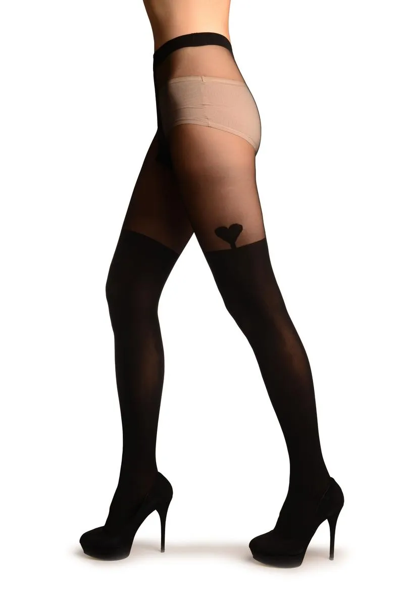 Black Opaque Faux Stockings With Heart And Sheer Top Tights