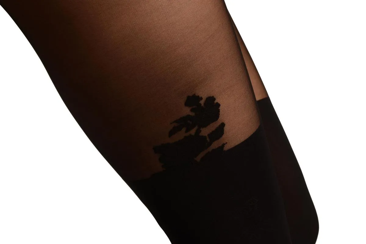Black Opaque Faux Stockings With Roses And Sheer Top Tights