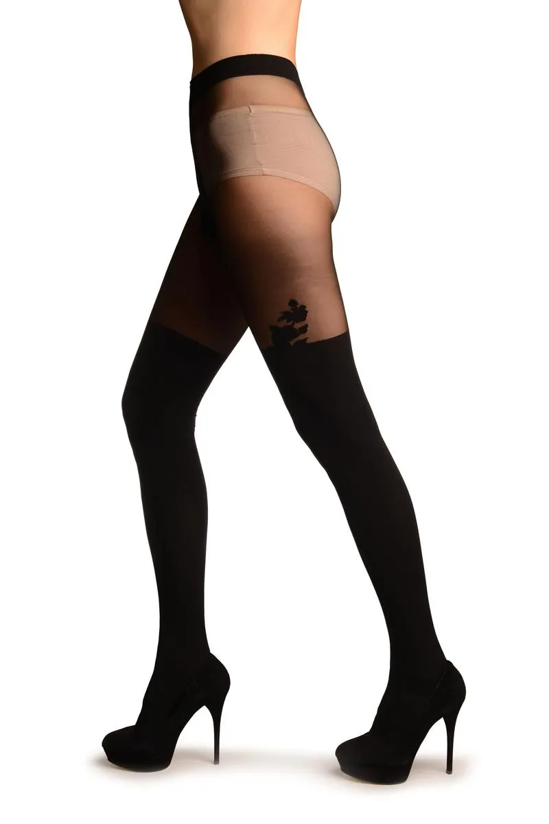 Black Opaque Faux Stockings With Roses And Sheer Top Tights