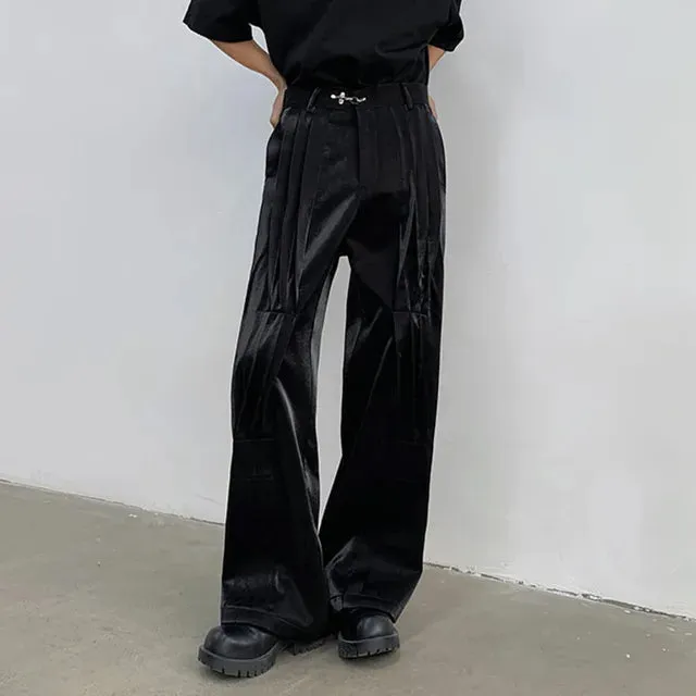 Black Pleated Metal Buckle Design Trousers