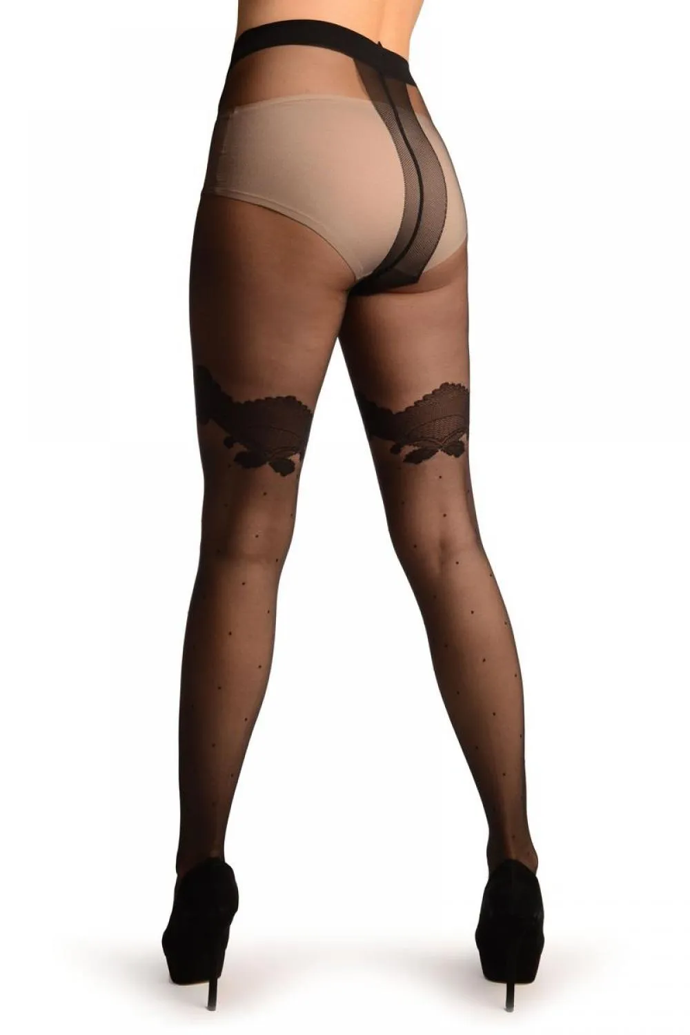 Black With Black Polka Dot & Black Lace Top Tights