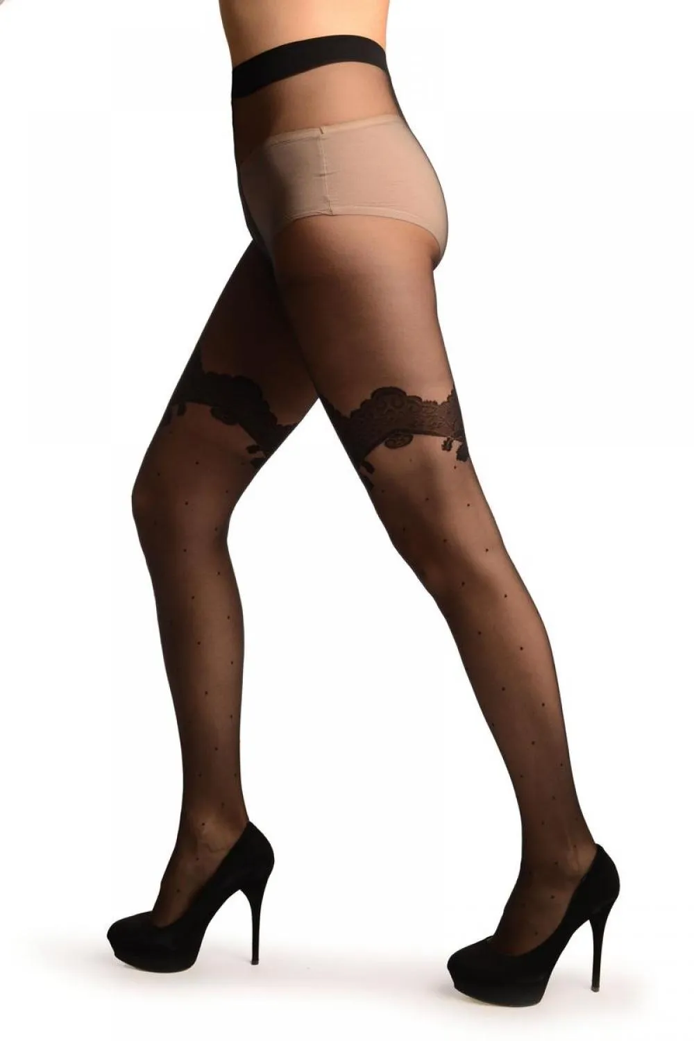 Black With Black Polka Dot & Black Lace Top Tights