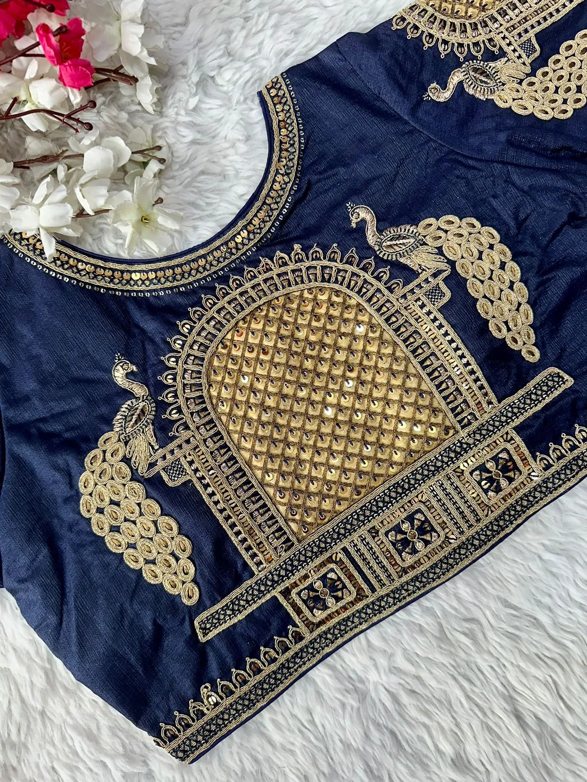 Blue Watermelon Silk Blouse with Beautiful Cording and Hand-Touched Sequins