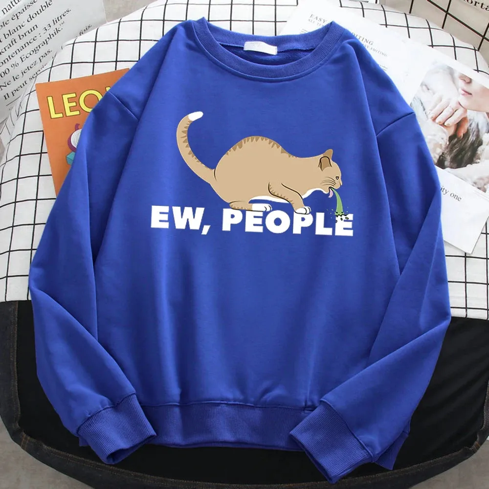 Casual Autumn Pullover For Women Ew People Funny Vomiting Cat Printing Hoodies Crewneck Loose Sweatshirt Warm Fleece Clothes