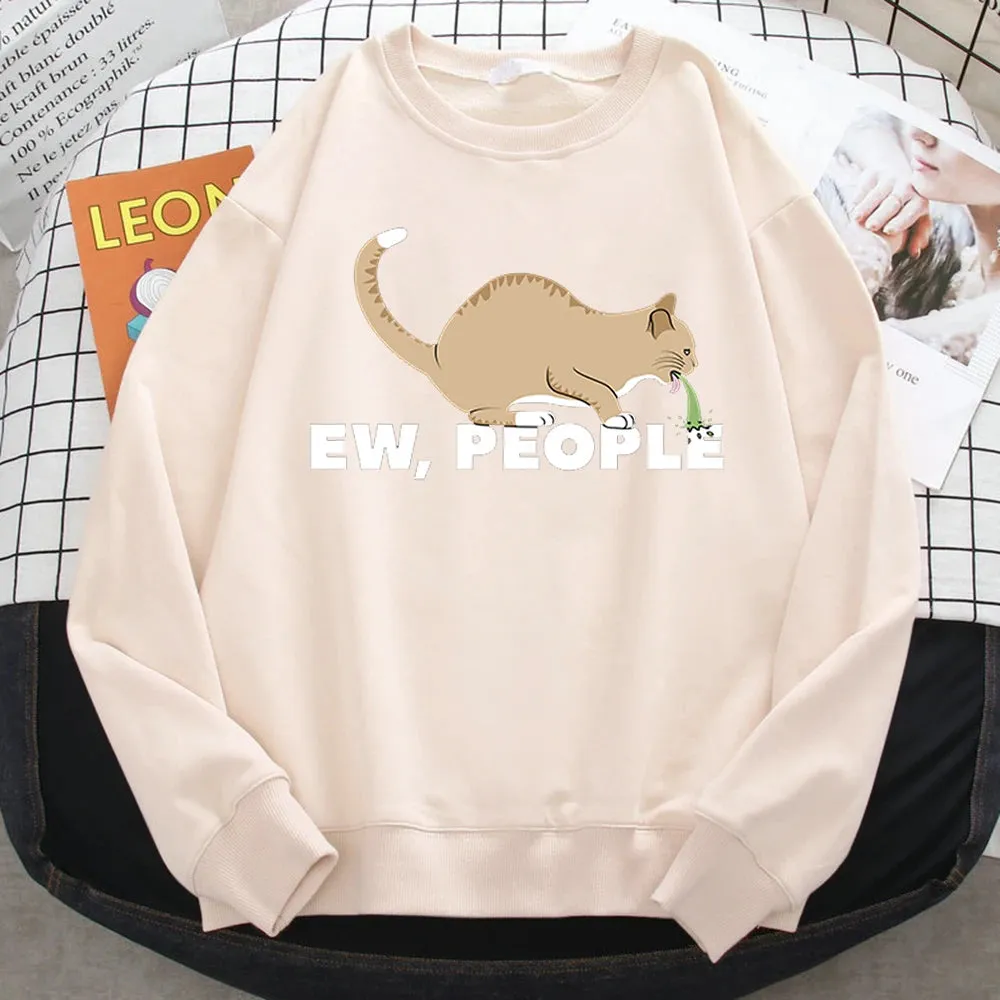 Casual Autumn Pullover For Women Ew People Funny Vomiting Cat Printing Hoodies Crewneck Loose Sweatshirt Warm Fleece Clothes