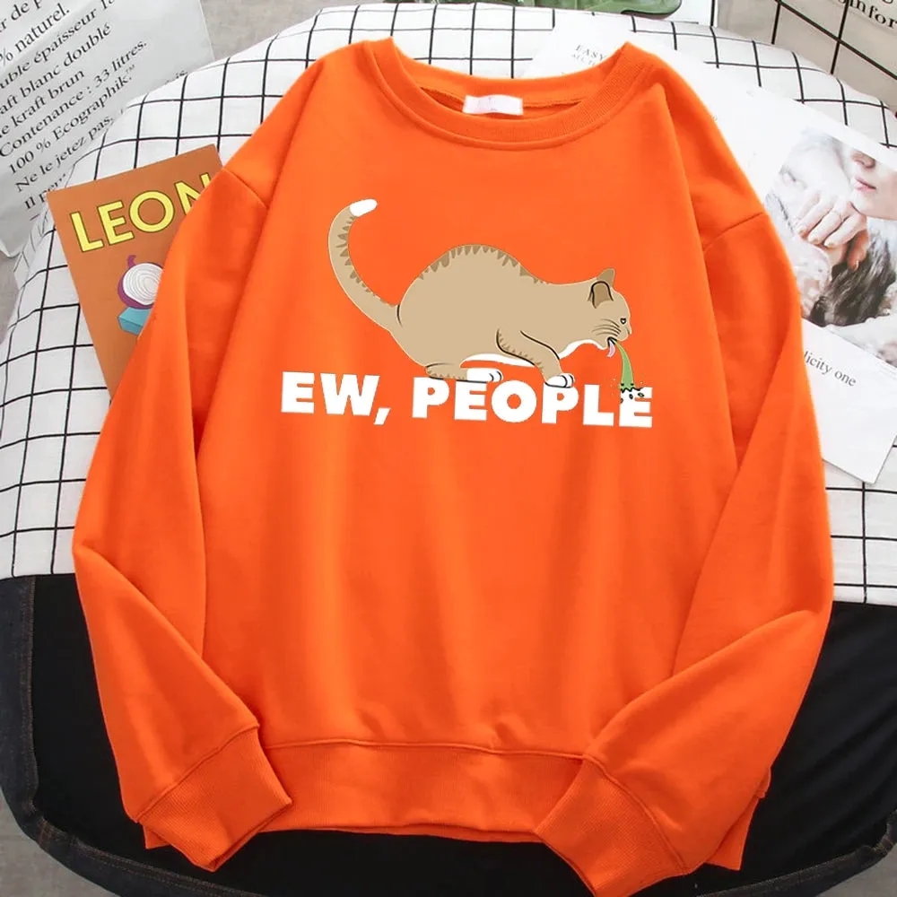 Casual Autumn Pullover For Women Ew People Funny Vomiting Cat Printing Hoodies Crewneck Loose Sweatshirt Warm Fleece Clothes