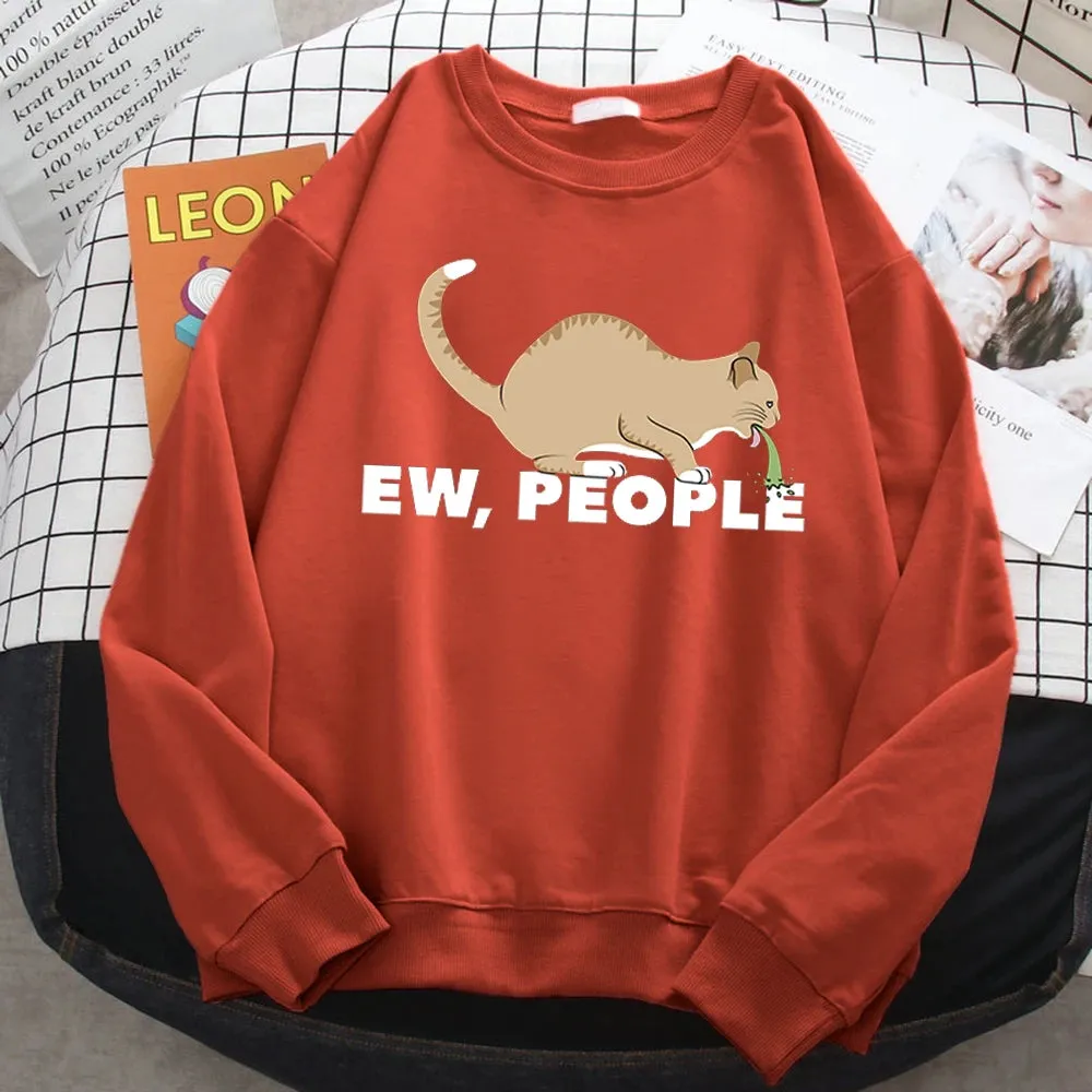 Casual Autumn Pullover For Women Ew People Funny Vomiting Cat Printing Hoodies Crewneck Loose Sweatshirt Warm Fleece Clothes
