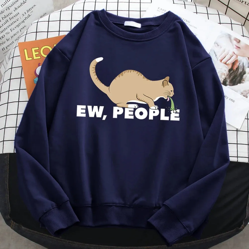 Casual Autumn Pullover For Women Ew People Funny Vomiting Cat Printing Hoodies Crewneck Loose Sweatshirt Warm Fleece Clothes