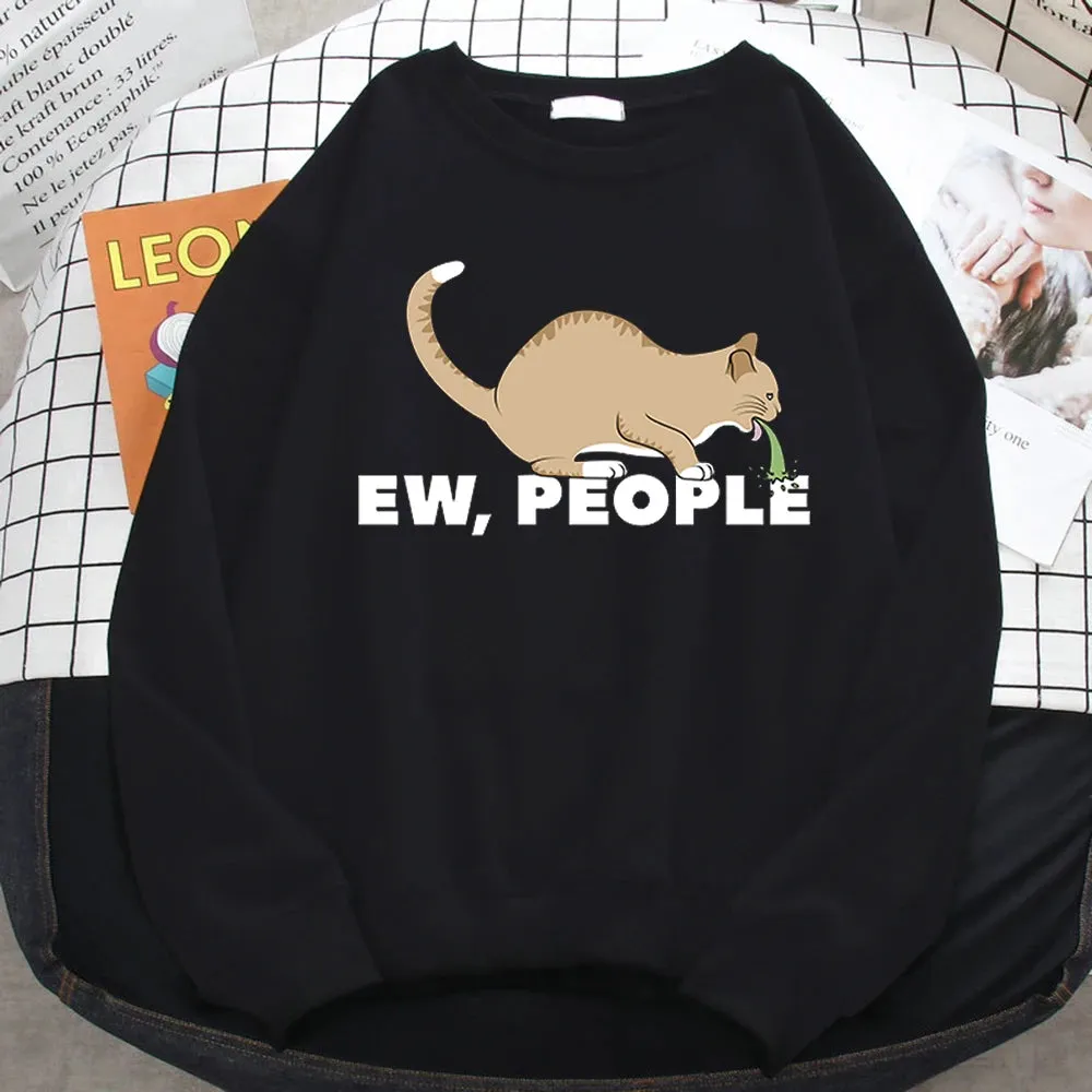 Casual Autumn Pullover For Women Ew People Funny Vomiting Cat Printing Hoodies Crewneck Loose Sweatshirt Warm Fleece Clothes