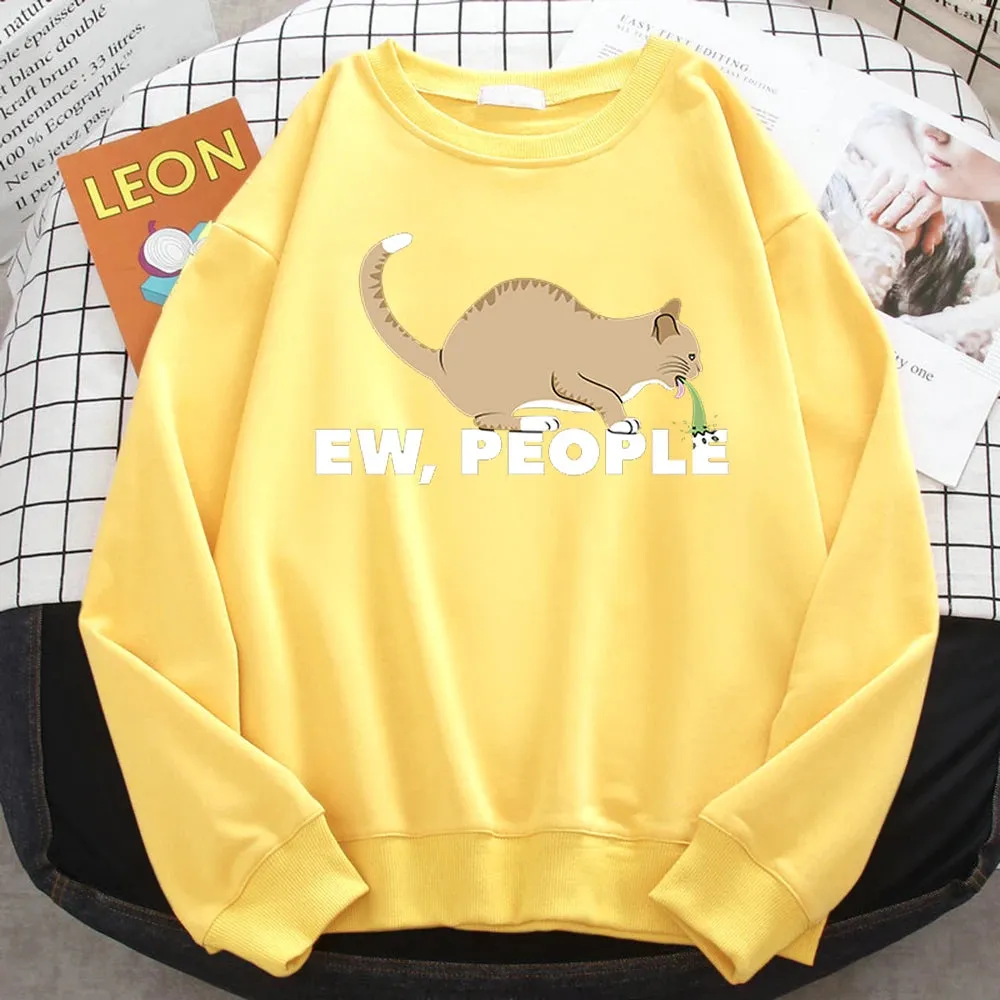 Casual Autumn Pullover For Women Ew People Funny Vomiting Cat Printing Hoodies Crewneck Loose Sweatshirt Warm Fleece Clothes