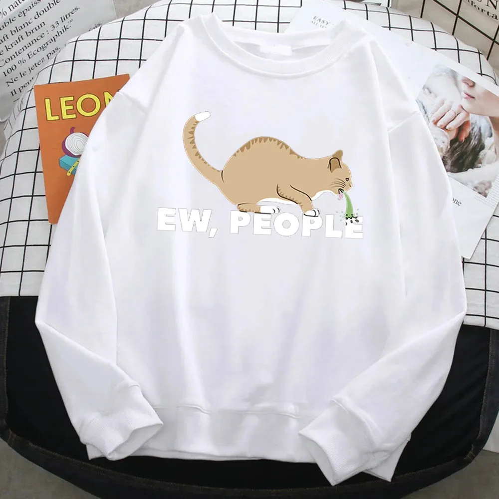 Casual Autumn Pullover For Women Ew People Funny Vomiting Cat Printing Hoodies Crewneck Loose Sweatshirt Warm Fleece Clothes
