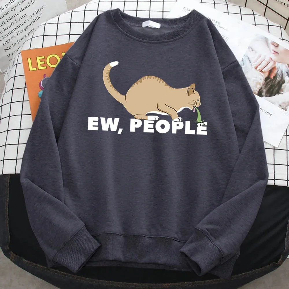 Casual Autumn Pullover For Women Ew People Funny Vomiting Cat Printing Hoodies Crewneck Loose Sweatshirt Warm Fleece Clothes