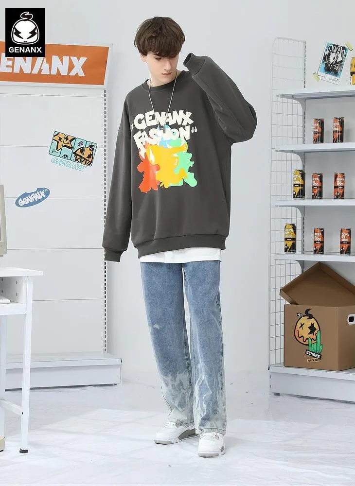 Color Block Cartoon Print Craw Neck Padded Sweatshirt