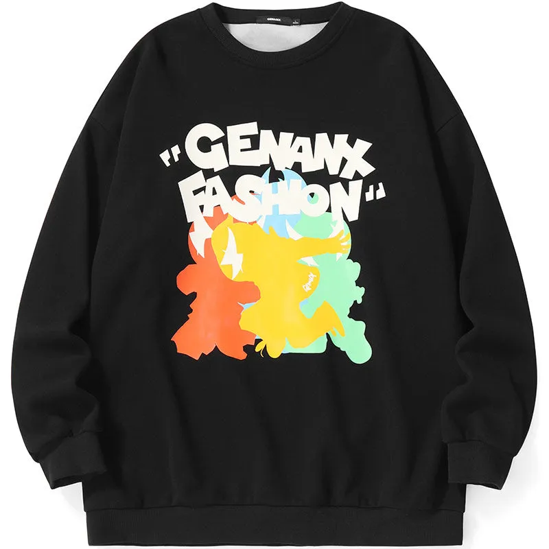 Color Block Cartoon Print Craw Neck Padded Sweatshirt