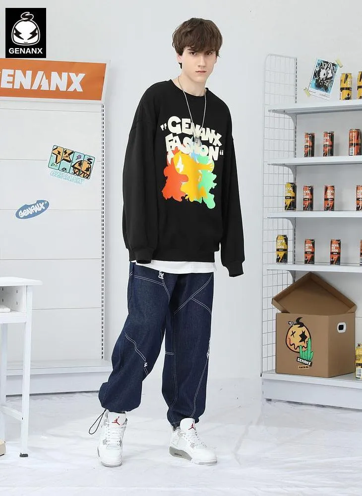 Color Block Cartoon Print Craw Neck Padded Sweatshirt