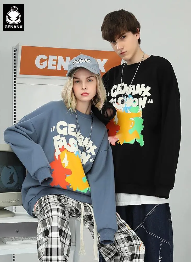 Color Block Cartoon Print Craw Neck Padded Sweatshirt