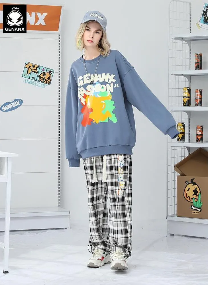 Color Block Cartoon Print Craw Neck Padded Sweatshirt