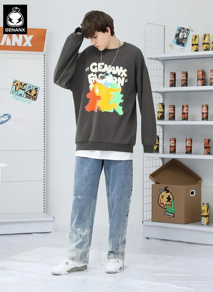 Color Block Cartoon Print Craw Neck Padded Sweatshirt