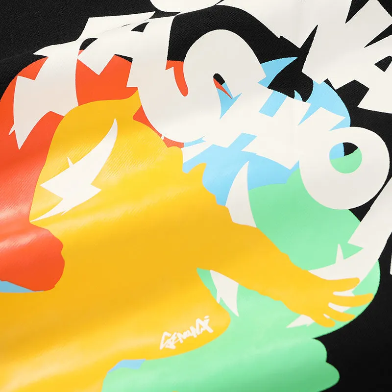 Color Block Cartoon Print Craw Neck Padded Sweatshirt