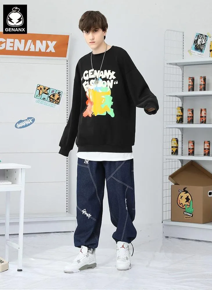 Color Block Cartoon Print Craw Neck Padded Sweatshirt