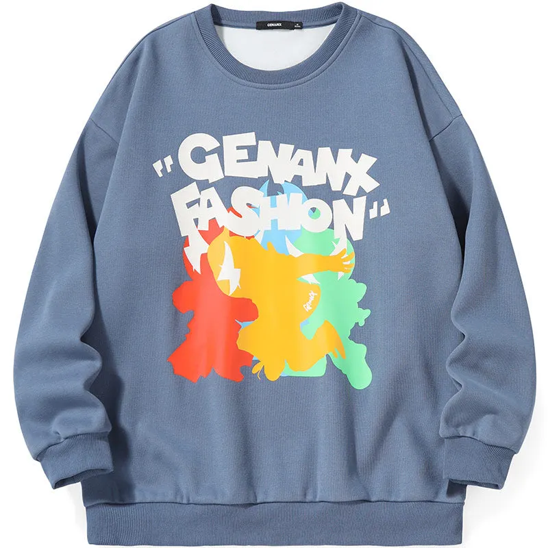 Color Block Cartoon Print Craw Neck Padded Sweatshirt