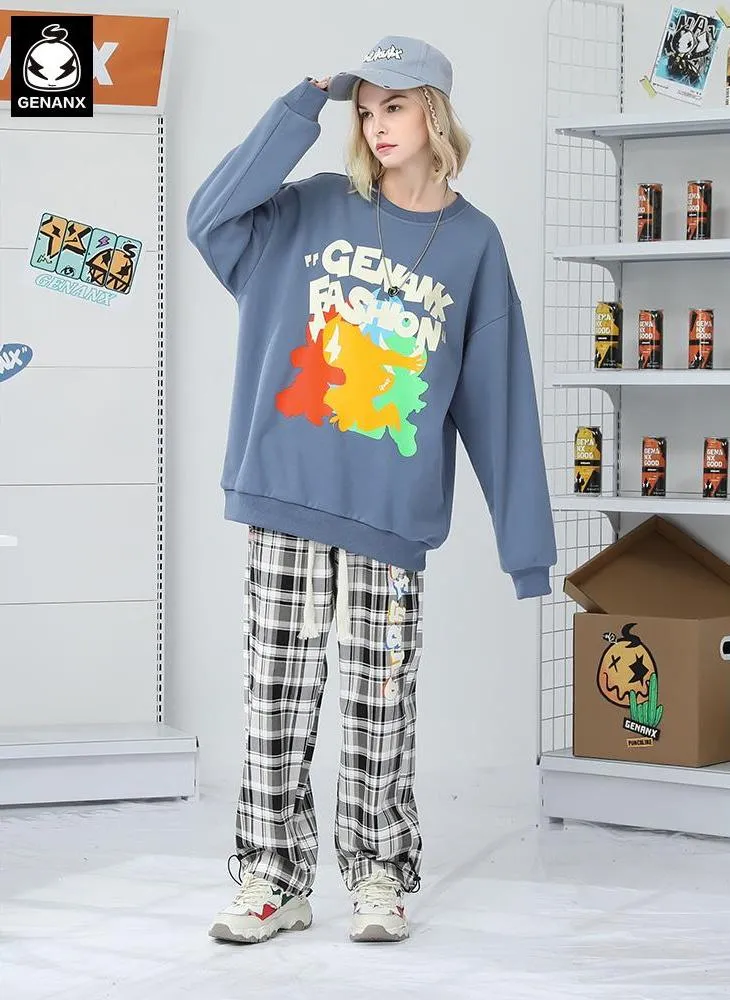 Color Block Cartoon Print Craw Neck Padded Sweatshirt